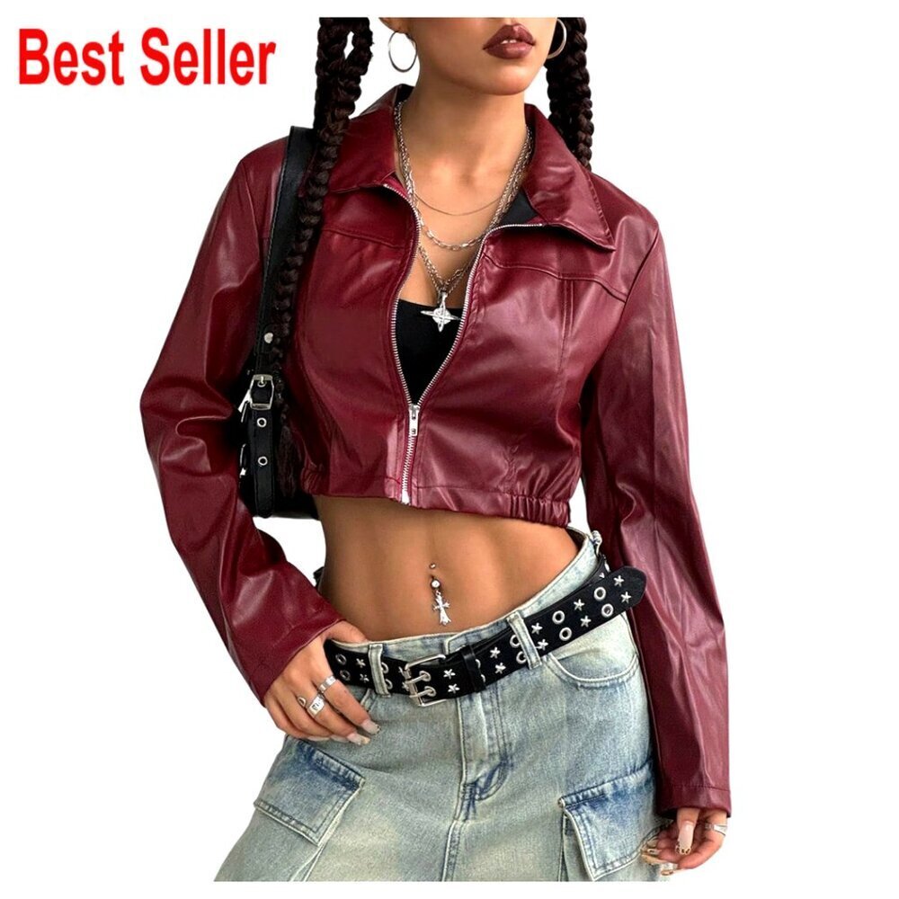Cropped Leather Motorcycle Jacket, Lightweight Streetwear, Zipper Front
